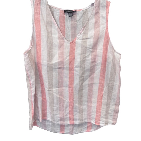 Saks Fifth Avenue 100% Linen Top V-Neck Stripes Pink , White, Taupe Size M - Picture 1 of 9